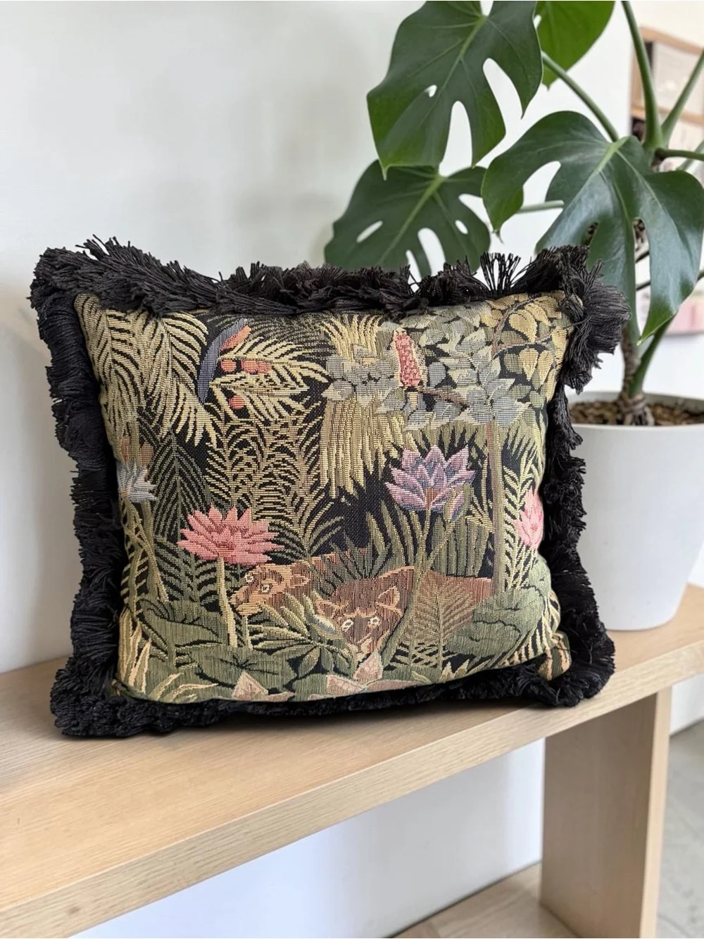 Vintage Black Floral and Animal Tapestry Accent Pillow